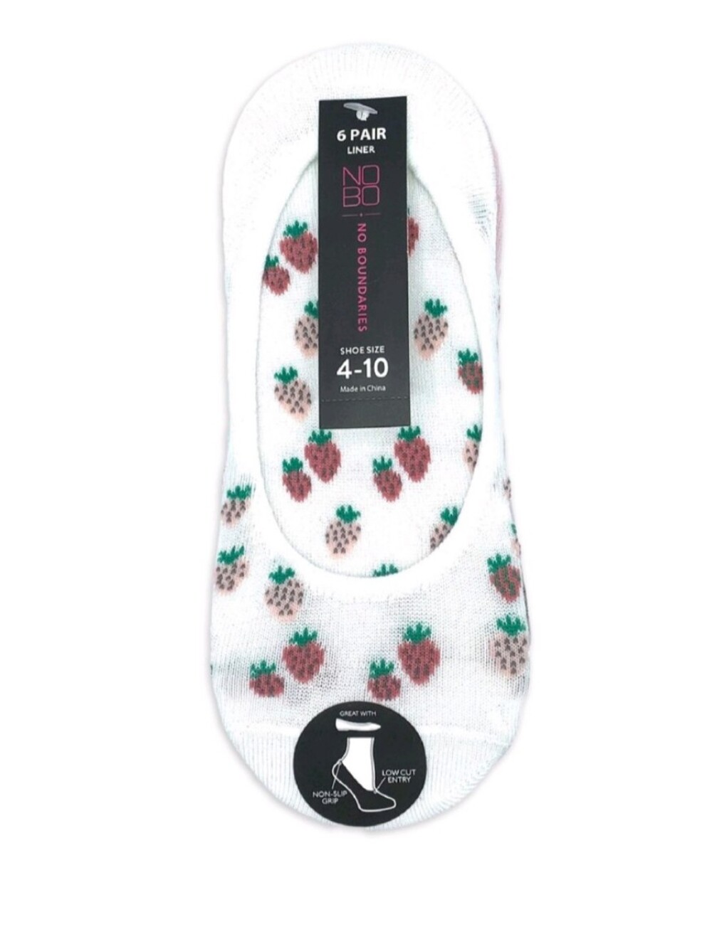 No Boundaries White Liner Socks with Pink & Green Strawberry Print - 6 Pair